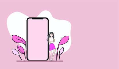 Vector image with phone, cute girl and leaves to fill with his text. Pink background. Advertising background