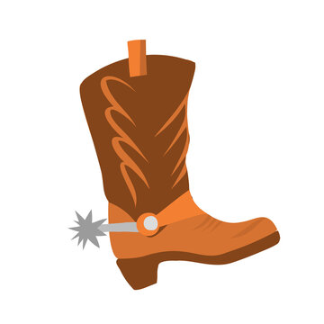 Vector illustration with cowboy boot on a white background isolated. Leather shoes for riding a horse in the style of flat. Beautiful shoes with spurs and heels. Western animation, cowboy game