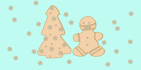 Vector image of livers in the form of New Year's needles, with snowflakes on a turquoise background