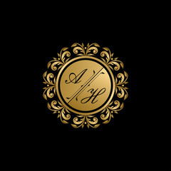 Luxury golden circle badge with A and H uppercase letter. Vector letter stamp for wedding, greeting cards, invitations design.