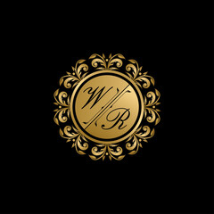 Luxury golden circle badge with W and R uppercase letter. Vector letter stamp for wedding, greeting cards, invitations design.