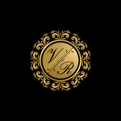 Luxury golden circle badge with A and H uppercase letter. Vector letter stamp for wedding, greeting cards, invitations design.