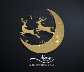two gold reindeer jump from moon on black background,merry christmas ,happy new year