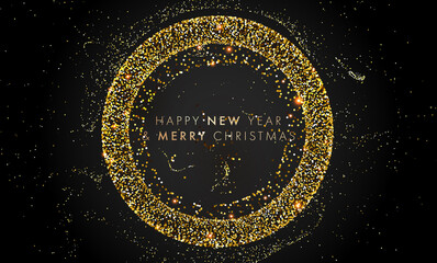 Golden glitter particles brush stroke background for Christmas and New Year holiday background. Vector illustration.