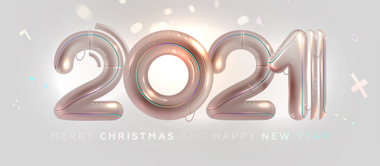 2021 New Year holiday invitation. Trendy Neumorphism style liquid plastic interface background. Soft, clear and simple futuristic Neo Morphism shape elements design. Eps10 vector illustration.