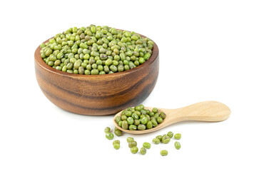 green mung beans with bowl and wooden spoon isolated on white background