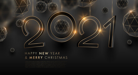 2021 3d elegant Christmas and New Year background. Trendy modern geometric elements, particles magic effects. Holiday winter invitations with gold confetti and Xmas decorations. Vector illustration