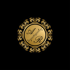 Luxury golden circle badge with A and H uppercase letter. Vector letter stamp for wedding, greeting cards, invitations design.