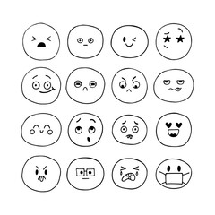 Emoji icons. Happy hand drawn funny smiley faces. Sketched facial expressions set. Collection of cartoon emotional characters. Kawaii style