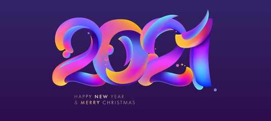 2021 3d brush strokes style numbers for Christmas and New Year posters and holiday winter invitations layout design with Xmas decorations. Vector illustration