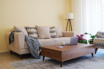 Living room with modern beige textile couch and laptop on wood textured table, natural light. House...