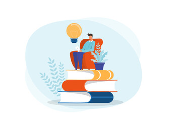 young man reading book, sitting on stack of giant books. idea to read books Concept Flat vector illustration