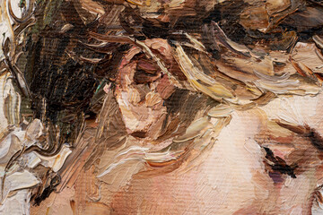 Fragment of portrait young beautiful girl. Created in the expressive manner. Palette knife technique of oil painting and brush. - obrazy, fototapety, plakaty
