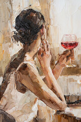 Beautiful attractive young woman  holding a glass of wine. Oil painting on canvas. - obrazy, fototapety, plakaty