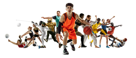 Fototapeta na wymiar Sport collage of professional athletes or players on white background, flyer. Made of different photos of 13 models. Concept of motion, action, power, target and achievements, healthy, active