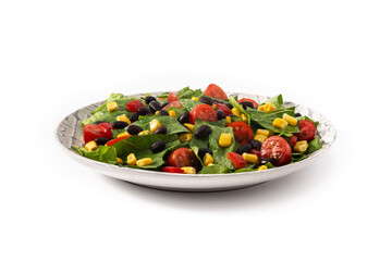 Mexican salad with black beans, corn,tomatoes,lettuce and pepper isolated on white background