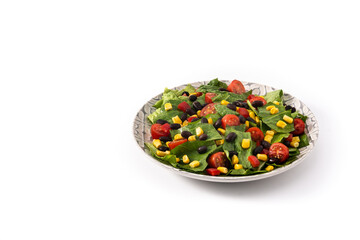 Mexican salad with black beans, corn,tomatoes,lettuce and pepper isolated on white background