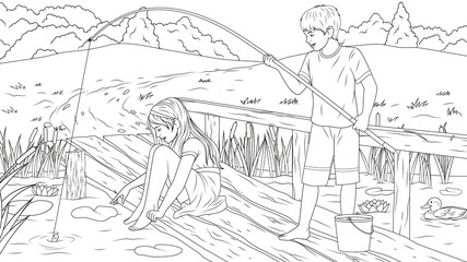 Vector illustration, children catch fish on the river bank, coloring book.