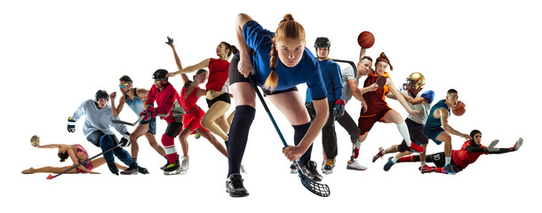 Sport collage of professional athletes or players on white background, flyer. Made of different photos of 10 models. Concept of motion, action, power, target and achievements, healthy, active