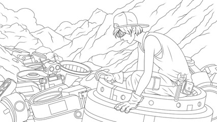 Vector illustration, the boy collects the robot at the junkyard, coloring book