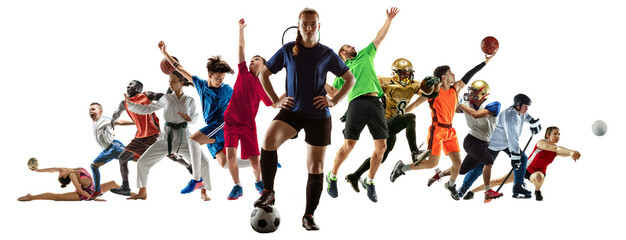 Sport collage of professional athletes or players on white background, flyer. Made of different photos of 12 models. Concept of motion, action, power, target and achievements, healthy, active
