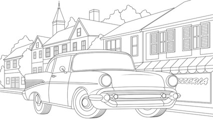 Vector illustration, retro car drives along the city street, coloring book.