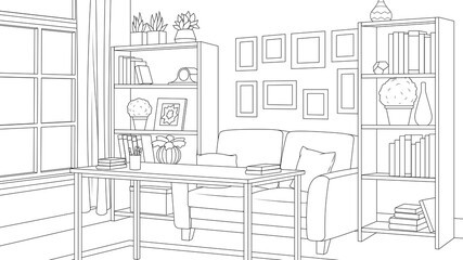 Vector illustration, room with bookshelves, sofa and desk, coloring book