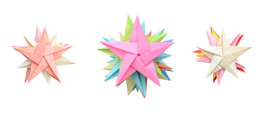 A pile of colorful origami folding stars isolated white