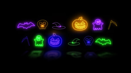 Halloween neon icons sign set. Halloween background with glowing lights. Halloween neon sign collection. Halloween Party Design template.