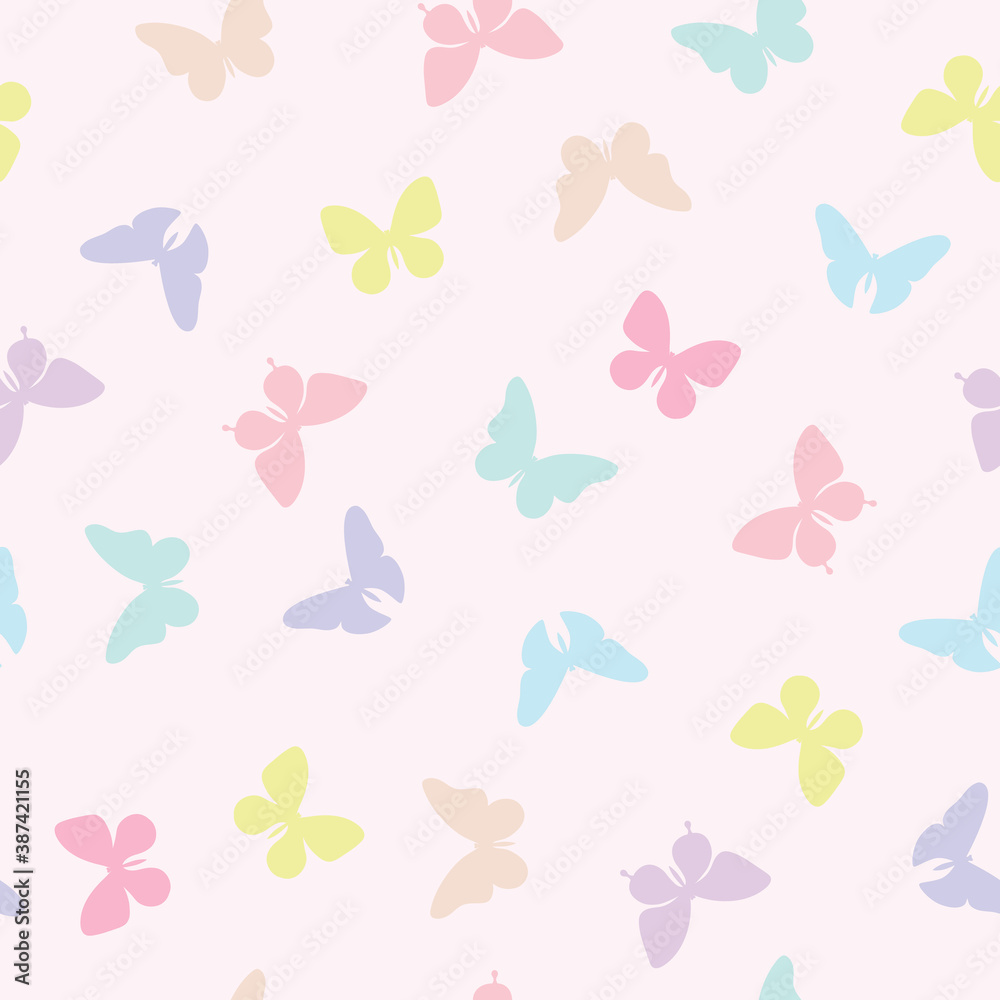 Poster vector butterfly seamless repeat pattern design background. random colorful butterfly silhouette, cu