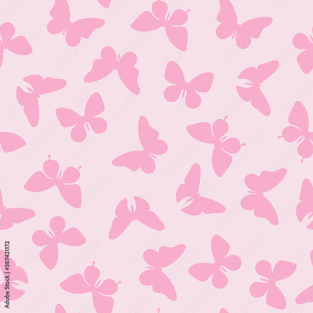 Poster vector pink butterfly silhouette seamless repeat pattern design background. pink girly pattern backg