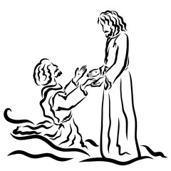 Jesus helps Peter, who doubted, was frightened and began to drown in the sea