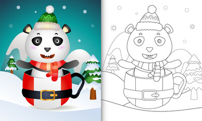 coloring book with a cute panda christmas characters with a hat and scarf in the santa cup