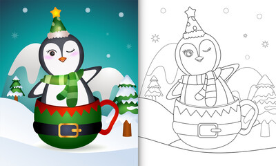 coloring book with a cute penguin christmas characters with a hat and scarf in the elf cup