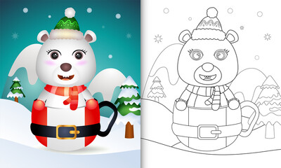 coloring book with a cute polar bear christmas characters with a hat and scarf in the santa cup