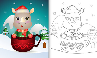 coloring book with a cute rhino christmas characters with a santa hat and scarf in the cup