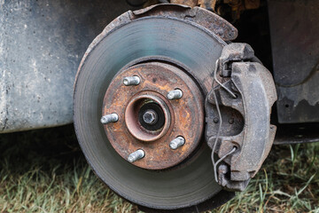 Rear wheel car suspension. Brake disc and wheel hub of a car. Stock photo