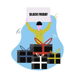 A man holds a poster with a discount announcement. Black Friday. Gifts, boxes, shopping. Shopping hand drawn illustration. Sales promotion