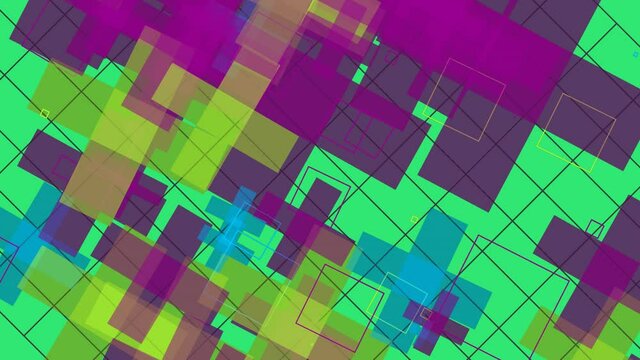 Animation of various geometrical shapes with several transitions, transformations and rotations in space during time sequence.