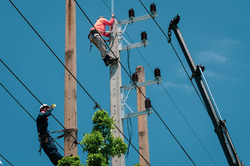 Electricians are climbing on electric poles to install and repair power lines.
