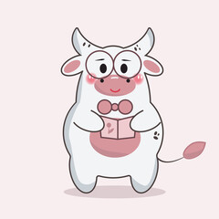 bull Kawai reading a book with glasses and smiling, white cartoon bull holding a postcard