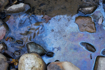 Image of an oil stain in a mountain stream.