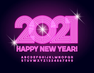 Vector pink glowing greeting card Happy New Year 2021! Neon bright Font. Creative electric Alphabet Letters and Numbers set