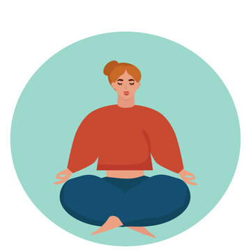 Vector illustration of a red-haired woman doing yoga. The girl is sitting in the Lotus position. Flat style, cartoon