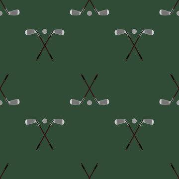 Vector seamless pattern. Pattern with golf elements on green background. Golf seamless background. Background for use in design, web, packing, textile. golf, clubs, ball, bag