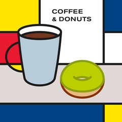 Coffee cup with glazed donut. Modern style art with rectangular colour blocks. Piet Mondrian style pattern.