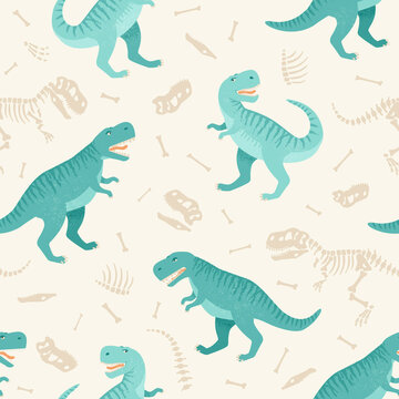 Dinosaur skeleton seamless grunge pattern. Original design with t-rex, dinosaur. print for T-shirts, textiles, wrapping paper, web. © Angelina Bambina