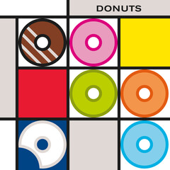 Six multicolor glazed and decorated donuts. Modern style art with rectangular colour blocks. Piet Mondrian style pattern.