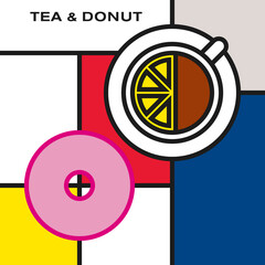 Tea cup with lemon and pink glazed donut. Modern style art with rectangular colour blocks. Piet Mondrian style pattern.