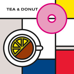 Tea cup with lemon and pink glazed donut. Modern style art with rectangular colour blocks. Piet Mondrian style pattern.